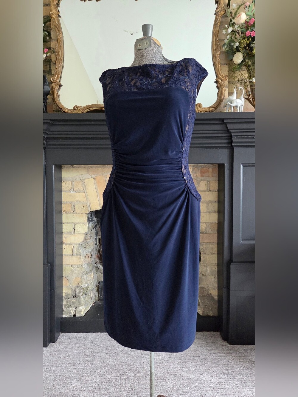 Ralph Lauren Navy Coctail  Lace-Shoulder Ruched Sheath Midi Dress